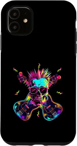 Vista 5 de iPhone 15 Streetwear Synthwave 80s 90s skull rock music bass guitar Case