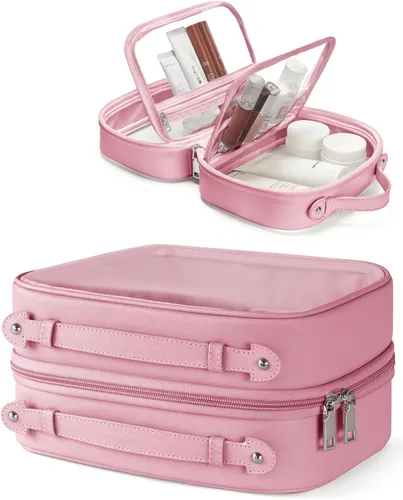 Vista 10 de Bolsa de Cosméticos Transparente de Doble Capa Bolsa de Artículos de Tocador de Viaje Estuche de Maquillaje Transparente con 4 Compartimentos, Bolsa