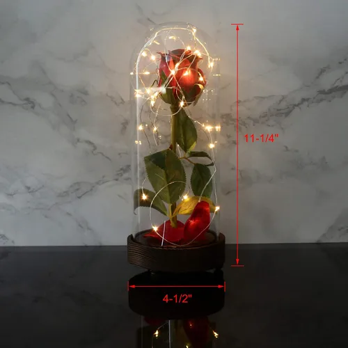 Vista 7 de CVHOMEDECO. Funciona con pilas con temporizador LED iluminado y rosa de poliuretano roja con pétalos caídos en una cúpula de cristal, gran regalo