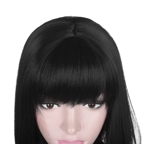 Vista 5 de Peluca corta y recta negra con flequillo para mujer Pelucas de cabello sintético resistente al calor natural