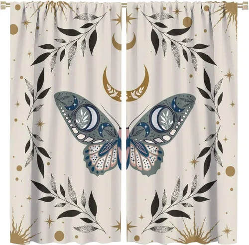 Vista 43 de Cortinas de mariposa de fantasía, polilla, sol, luna, estrella, arte floral, estampado floral, bolsillo para barra, cortinas opacas para ventana