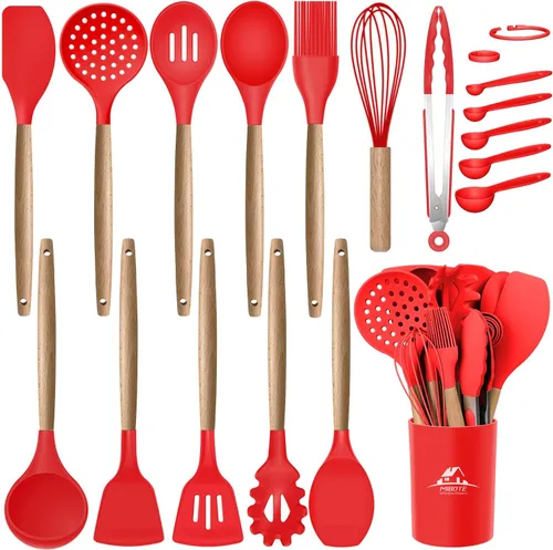 Vista 9 de MIBOTE Juego de utensilios de cocina de silicona con soporte, mangos de madera, pinzas para voltear, espátula, cuchara, utensilios de cocina