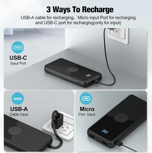 Vista 4 de Cargador portátil con cables integrados, batería de alta velocidad de 10000 mAh, paquete de batería de viaje, 5 salidas, 3 entradas, cargador