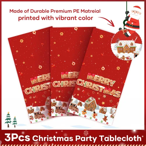 Vista 3 de 3 piezas de mantel de Navidad de 54x108 pulgadas con diseño de hombre de jengibre y casa, mantel rectangular desechable de plástico para Navidad