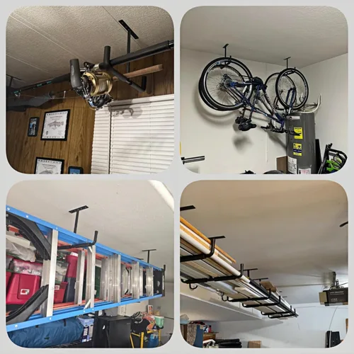 Vista 7 de Ganchos de almacenamiento de garaje, estante de techo doble resistente para escaleras de madera, bicicletas, neumáticos y otros artículos