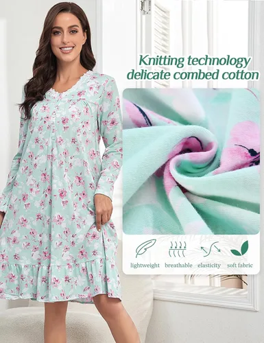 Vista 2 de MZROCR Camisones de manga larga para mujer, de algodón suave, con cuello en V, vestido de noche de encaje para mujer