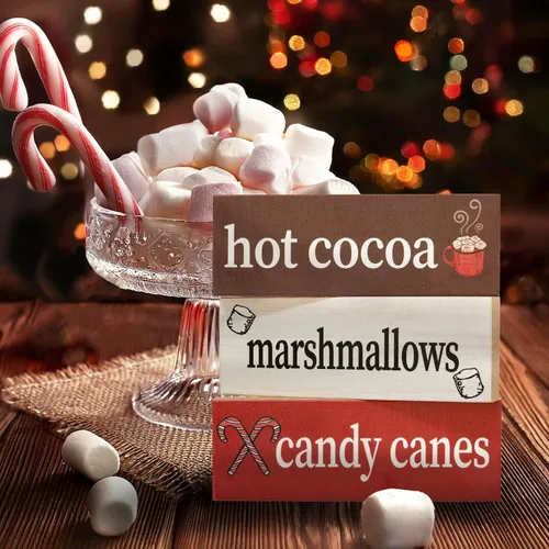 Vista 3 de Juego de 3 piezas de bloques de madera de malvaviscos de chocolate caliente, decoración navideña para barra de cacao caliente o estante