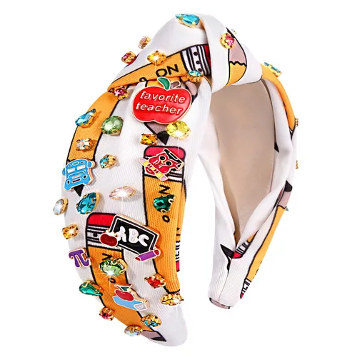Vista 11 de Diademas para profesoras, diadema anudada con perlas de cristal para mujer, lindo libro para enseñar, adornado con nudo superior, regalos