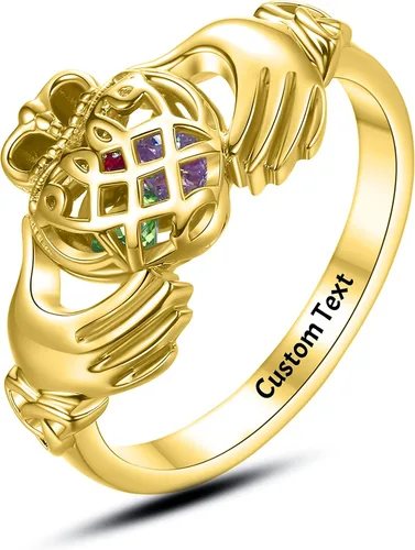 Vista 3 de ROWAWA Claddagh Anillo de plata de ley 925 con piedra de nacimiento anillos enjaulados corazón anillos personalizados grabados para niñas y mujeres