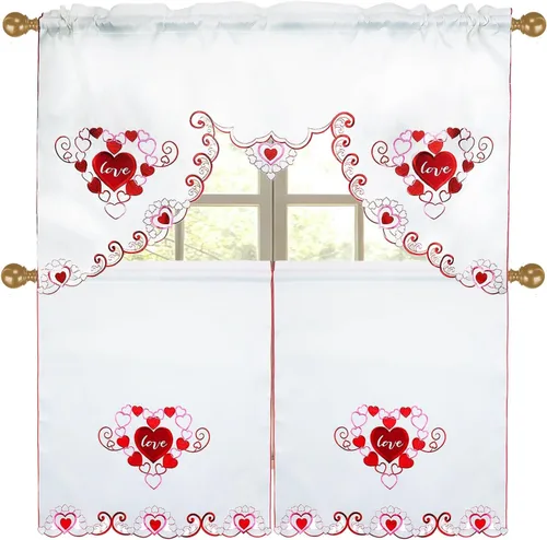 Vista 8 de Grelucgo Juego de cortinas bordadas para ventana de cocina (corazón)