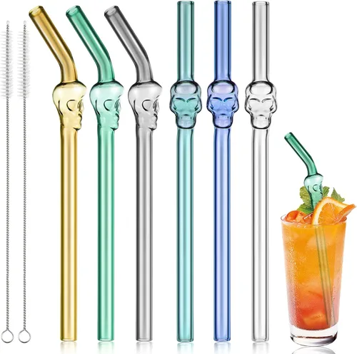 Vista 9 de 6 popotes de vidrio ondulado, reutilizables, curvos, tontos, resistentes a los golpes con 2 cepillos de limpieza, popotes de vidrio de borosilicato