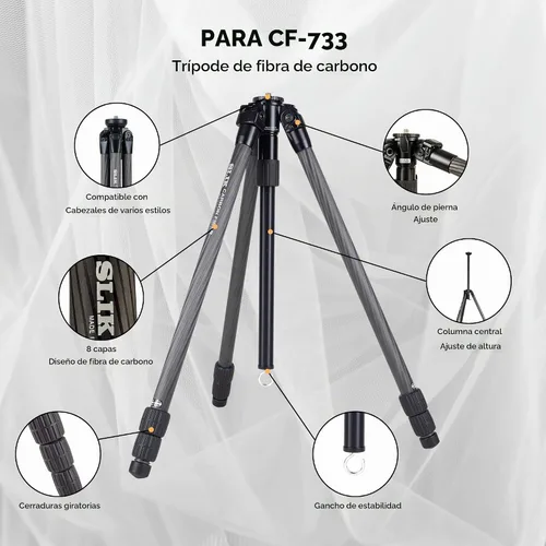Vista 2 de SLIK Pro CF-733 Trípode de fibra de carbono de 3 secciones de 65.5 pulgadas, negro (615-924)
