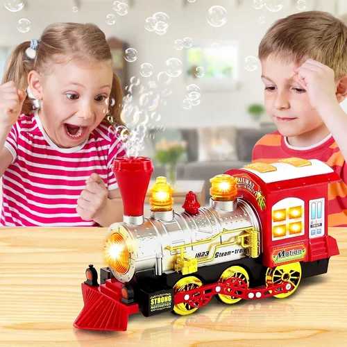 Vista 4 de ArtCreativity Máquina de burbujas de juguete de tren de Navidad para niños, soplador de burbujas, tren de música de burbujas para niños con luces