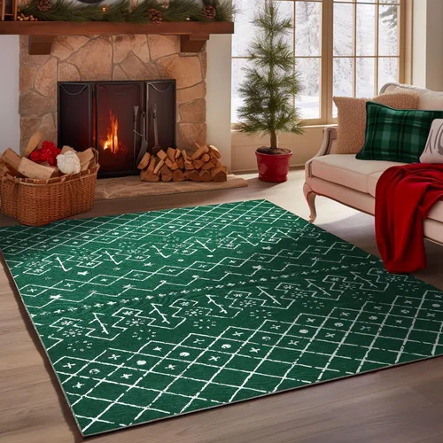 Vista 11 de COLLACT Alfombra de pasillo de Navidad de 2 x 10 pies, color verde sobre crema, alfombra de camino de árbol de Navidad, alfombra lavable, alfombra