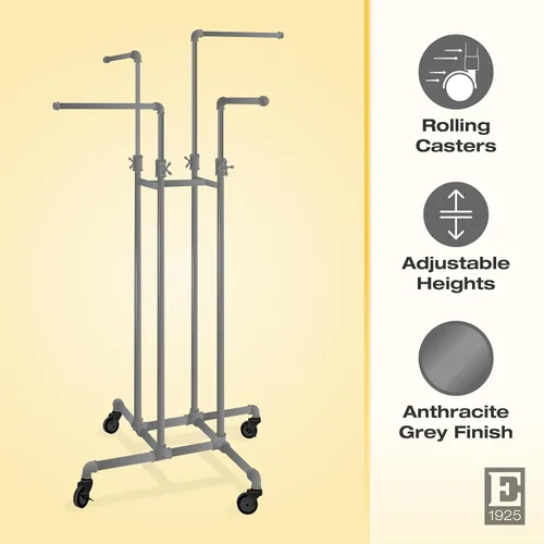 Vista 4 de Econoco Pipeline - Perchero de 4 vías, color antracita, ajustable de 48 a 72 pulgadas de alto Rolling 4-arm pipeline clothing rack in Anthracite