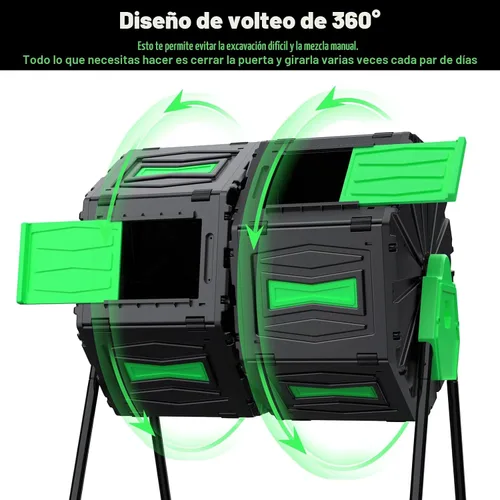 Vista 5 de Vaso de compost, fácil de montar y eficiente, contenedor de compost para exteriores, 45 galones/170 litros, compostador giratorio de doble cámara