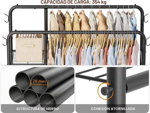 Vista 5 de Perchero de doble barra con estantes de almacenamiento de 4 niveles, perchero para colgar ropa, organizador multifuncional de ropa resistente