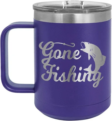 Vista 15 de GONE FISHING Taza de café negra de 15 oz con tapa deslizante Taza de café de viaje aislada Ideas de regalos de cumpleaños o Navidad de mujeres u