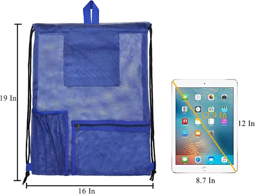 Vista 3 de Bolsa de malla con cordón resistente, mochila de gimnasio con soporte para botellas para bolas, natación, juguetes de playa, Azul, Deportes