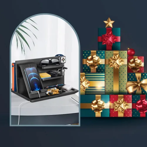 Vista 7 de Regalos para hombres, organizador de mesita de noche, estación de acoplamiento de teléfono de madera, regalos de cumpleaños de papá para él, mesita