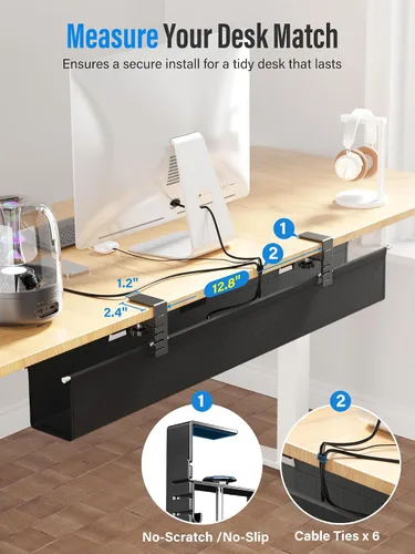 Vista 9 de Cinati - Bandeja grande de organización de cables para debajo del escritorio, organizador de cables para debajo del escritorio, sin taladros, Negro