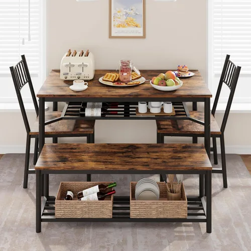 Vista 2 de IDEALHOUSE Juego de mesa de comedor para 4, mesa de cocina y 2 sillas con banco de almacenamiento, juego de mesa de cocina rectangular de 47.2