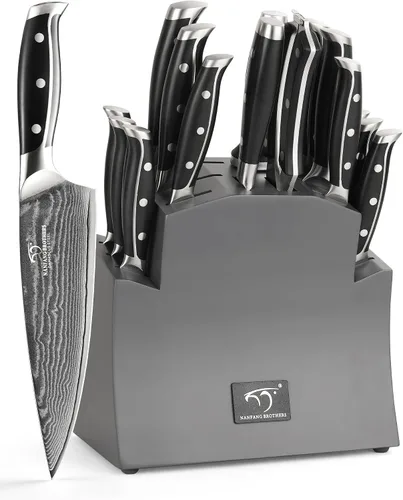 Vista 10 de VG10 - Juego de cuchillos de cocina de acero Damasco de 67 capas con asas de triple remache, 6 cuchillos de carne, tenedor de carne, afilador