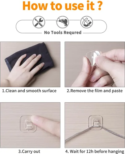 Vista 4 de ispneay 100 mini ganchos de luz con tiras adhesivas: clips de luz pequeños transparentes para interiores, sin daños, gancho de pared de plástico
