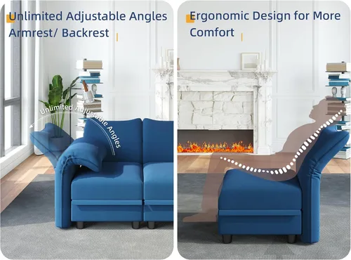 Vista 5 de LLappuil Sofá modular de terciopelo en forma de L con almacenamiento, sofá moderno de 5 plazas de 127.8 pulgadas con diván, sofás reclinables de Azul