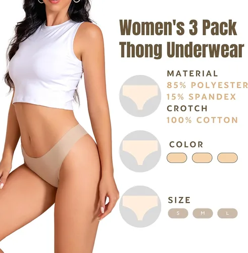Vista 2 de Womens 3 Pack Seamless Basic Invisible Underwear Bikini Hipster Briefs Panties FULL BACK