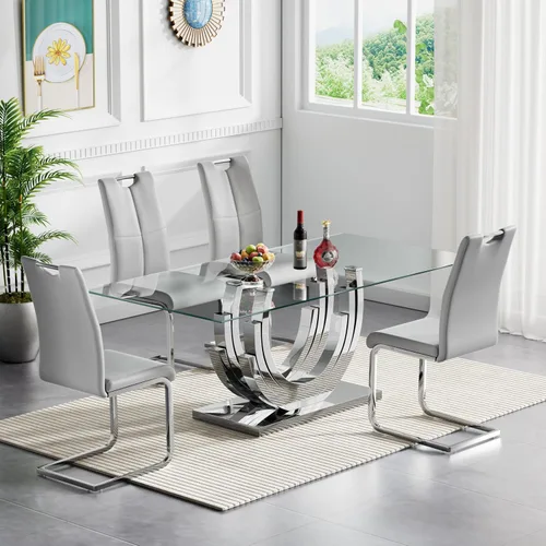 Vista 14 de Juego de mesa de comedor de cristal dorado moderno de 70 pulgadas para 4, juego de mesa rectangular de 5 piezas con base de acero en forma de anillo