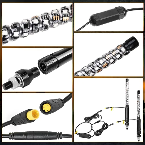 Vista 6 de Nirider 2PCS Luces LED Whip de 1 pie con Poste de Bandera Control Remoto Espiral RGB Luz de Persecución Todoterreno Antena Iluminada de Advertencia