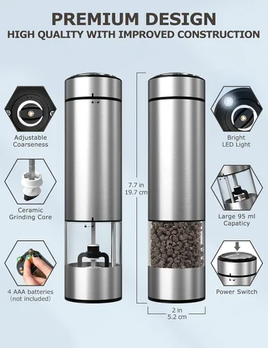 Vista 2 de innhom - Molinillo eléctrico de sal y pimienta, funciona con pilas, molinillo de pimienta de acero inoxidable automático de sal y pimienta