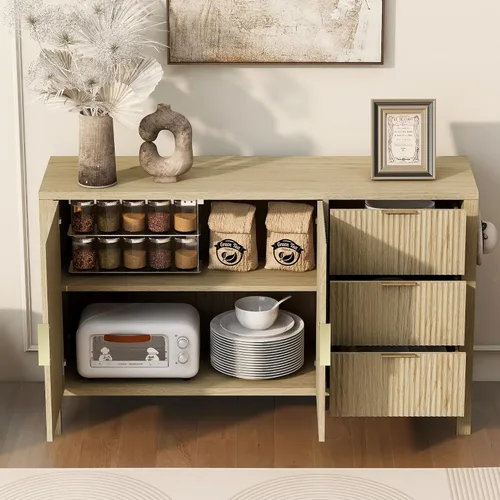 Vista 3 de HY_Modern Wave-Pattern Sideboard with 3 Drawers & 2 Doors - Storage Buffet Cabinet with Adjustable Hooks & Extra Center Leg for Living Room