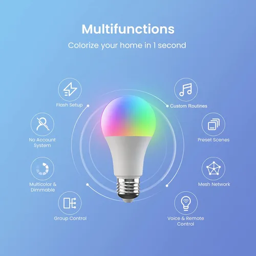 Vista 4 de Broadlink Bombillas inteligentes, configuración sin frustraciones (FFS) funciona solo con Alexa, malla BLE, 9W 800LM que cambia de color A19 E26 LED