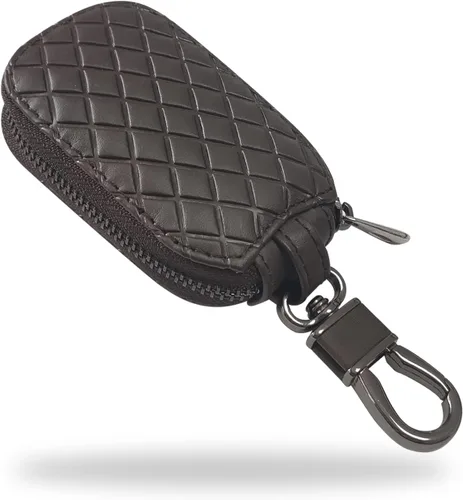 Vista 9 de Funda universal para llave de automóvil, funda de cuero para llavero inteligente, protector antiarañazos con cremallera y gancho de metal