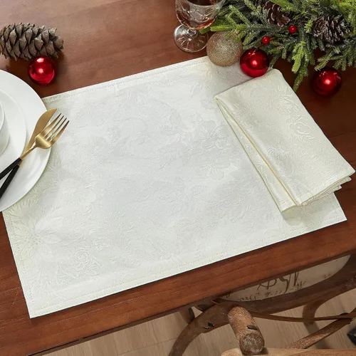 Vista 3 de Poinsettia Elegance – Juego de 4 manteles individuales de jacquard, colección navideña