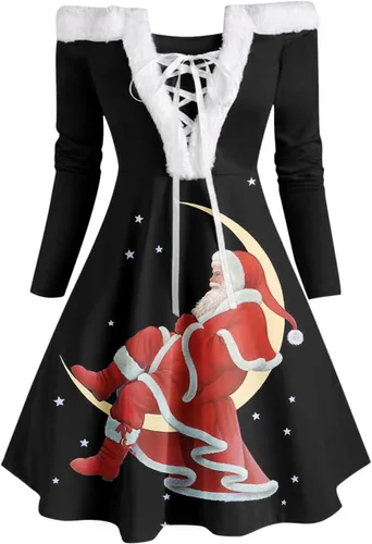 Vista 2 de ZPWSHI Vestidos de Navidad para mujer, con hombros descubiertos, manga larga, cuello en V, vestido largo peludo, acampanado, vestido de fiesta