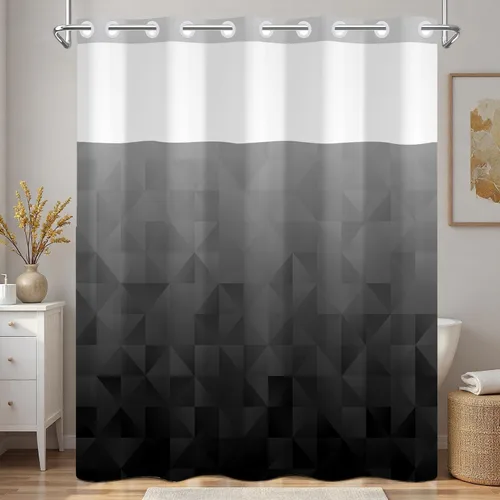 Vista 14 de No Hook Geometric Shower Curtain with Snap in Liner - 71″W x 74″L Waterproof Fabric with Mesh Top Window, Modern Abstract Triangle Design Bath