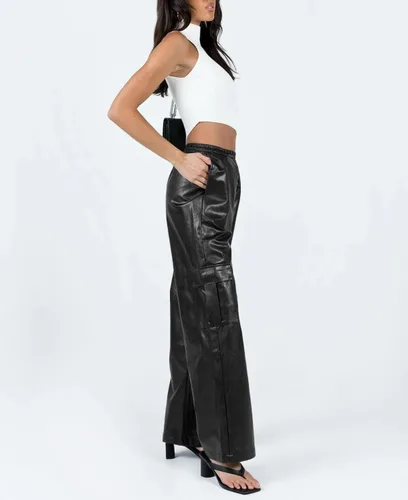 Vista 3 de Fisoew - Pantalones cargo de cuero para mujer, holgados, cintura alta, pierna ancha
