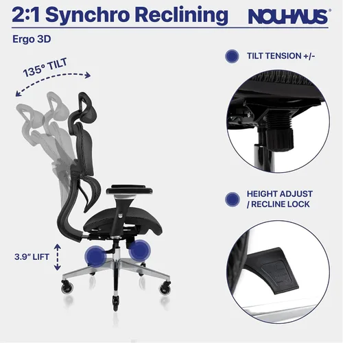 Vista 5 de Nouhaus Ergo3D - Silla ergonómica de oficina con soporte lumbar de malla con reposabrazos ajustable 4D, reposacabezas y ruedas ajustables, respaldo