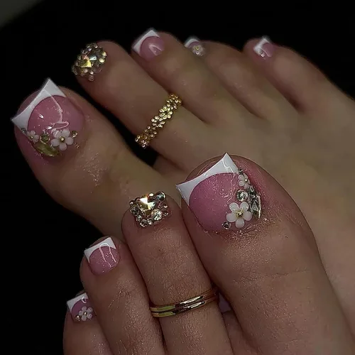 Vista 15 de Lindas uñas postizas a presión con punta francesa rosa, uñas postizas cuadradas de cobertura completa con diseños de dijes de lazo, uñas acrílicas