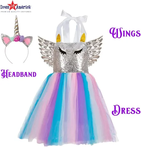 Vista 2 de Dress Up America Vestido de unicornio para niñas, vestido de fiesta de disfraz de unicornio, vestido de tutú mágico y diadema