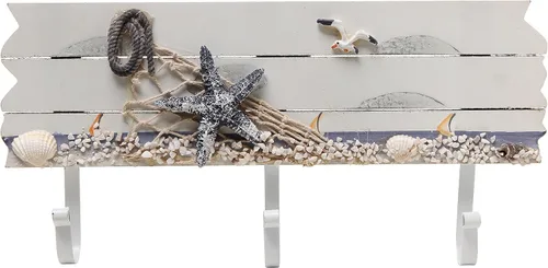 Vista 3 de Perchero de madera con 3 ganchos de metal con diseño de mar y playa, con estrellas de mar, gaviotas y conchas de mar