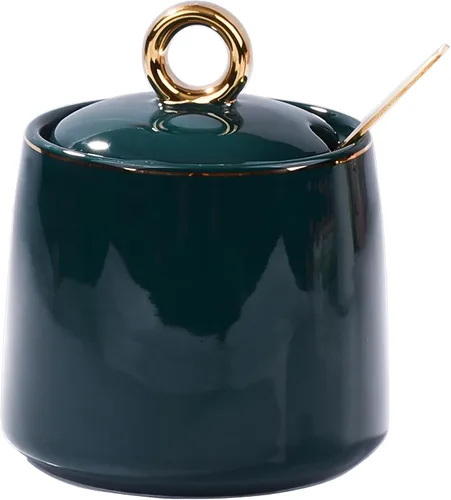 Vista 9 de Azucarero de cerámica con cuchara, tarro de azúcar con borde dorado, recipiente de sal de cerámica en forma de golf con tapa para el hogar