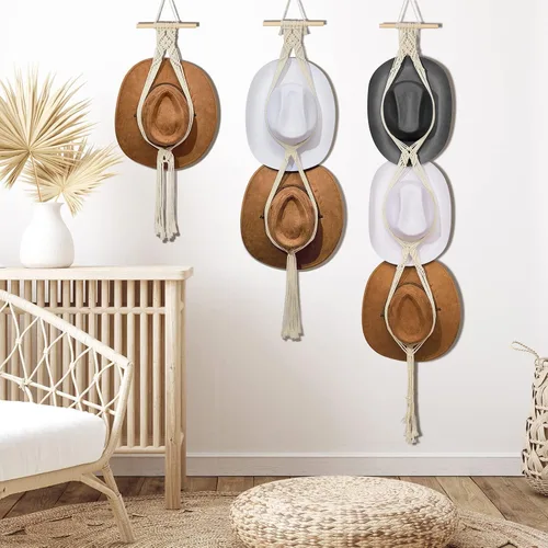 Vista 7 de Yulejo 3 piezas de macramé para sombrero, colgador de sombreros bohemio para pared, organizador de vaquera, estante de exhibición de tejido a mano