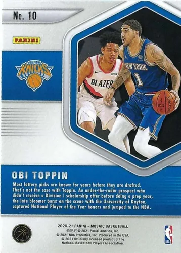 Vista 2 de 2020-21 Mosaic Basketball Blue Chips #10 Obi Toppin New York Knicks Official Panini NBA Trading Card (Stock Photo Shown, Near Mint to Mint Condition)