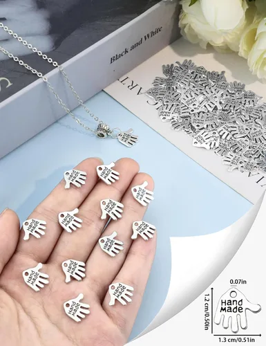 Vista 3 de JIALEEY 100 dijes en forma de mano hechos a mano, letreros tallados en tono plateado para hacer joyas de moda, hallazgos, manualidades, costura