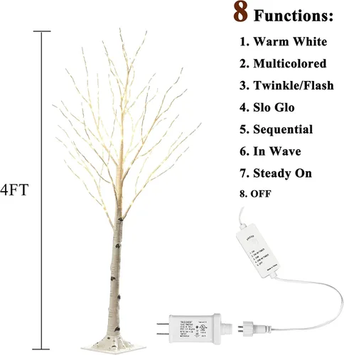 Vista 3 de LITBLOOM Árbol de abedul iluminado con ramas enchufables con 8 funciones, de 4 pies, 200 luces LED blancas cálidas y multicolor para decoración