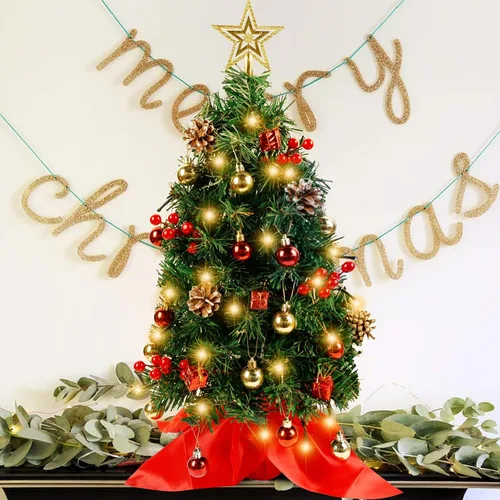 Vista 6 de Blissun Mini árbol de Navidad de 2 pies, pinos artificiales de Navidad, árbol de Navidad de mesa, mini pino de Navidad con luces LED, estrella